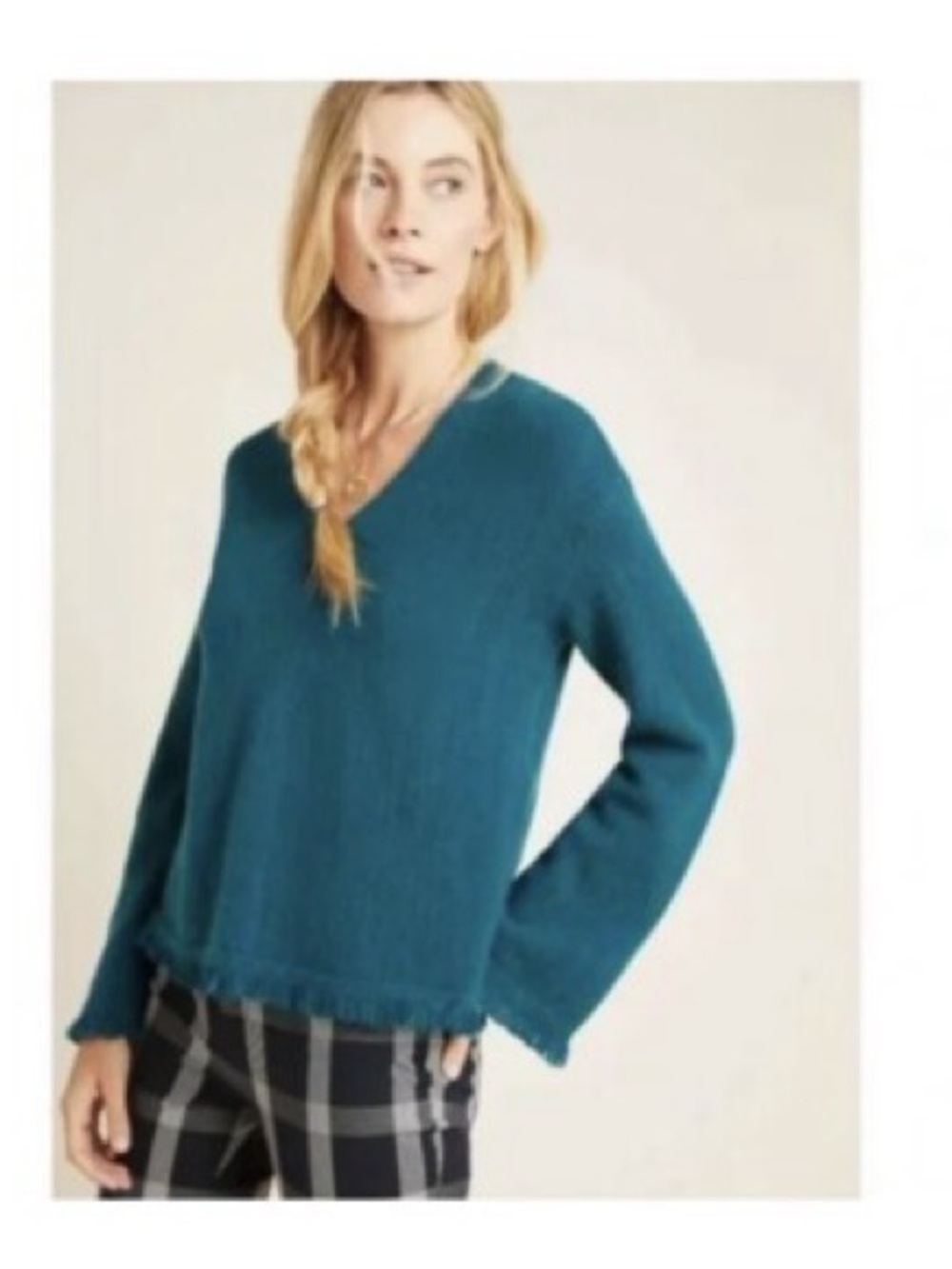 Anthropologie Teal V-Neck Fringe-Trim Sweater